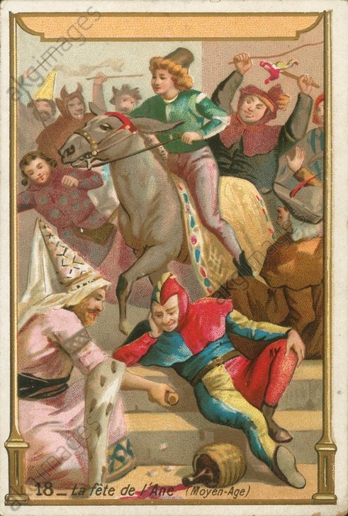 Lithographie coul. (vignette), anonyme, France, v. 1890. N°18 d’une série sur les fêtes populaires à travers l’Histoire. Kassel, Staatliche Museen. REFERENCE AKG916315 fete de l'ane